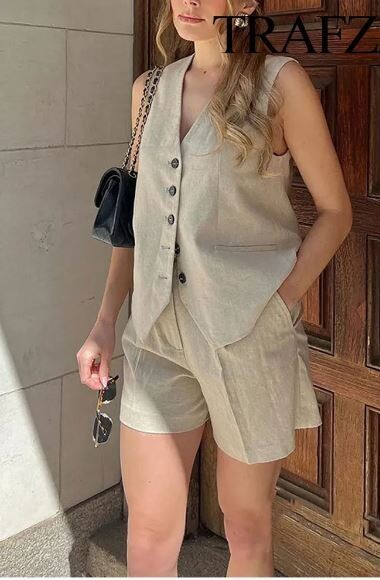 Women's Elegant Solid Color Sleeveless Linen Shorts Set Retro V-Neck Single Breasted Vest