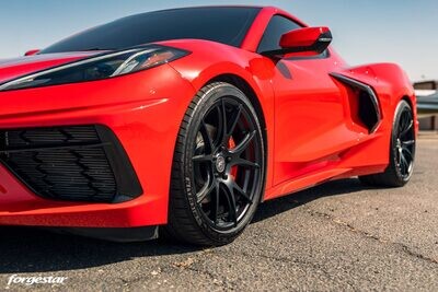Torch Red C8 Corvette showcasing the lightweight Forgestar CF5V wheels