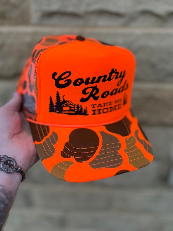 Country Roads Foam Orange Camo Trucker Cap