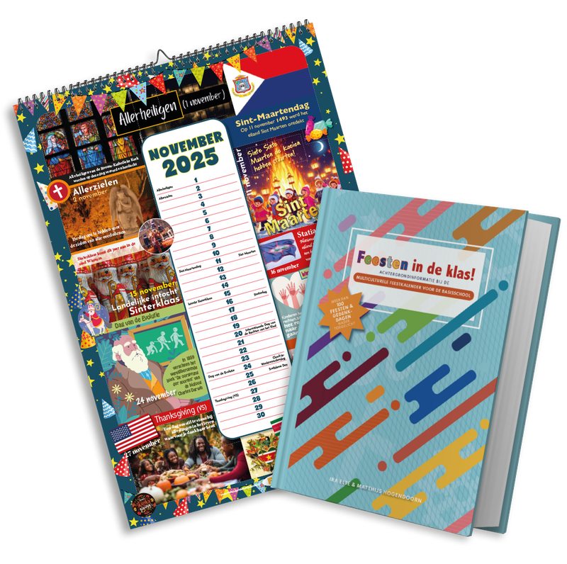 Pakket Multiculturele feestkalender &#39;25/&#39;26 (A2 formaat) + boek Feesten in de klas!