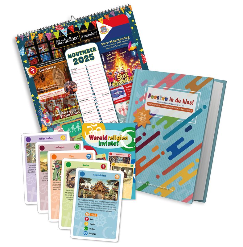 Pakket 1 x Multiculturele feestkalender &#39;25/&#39;26 (A2 formaat), 1 x boek + 1 x kwintet