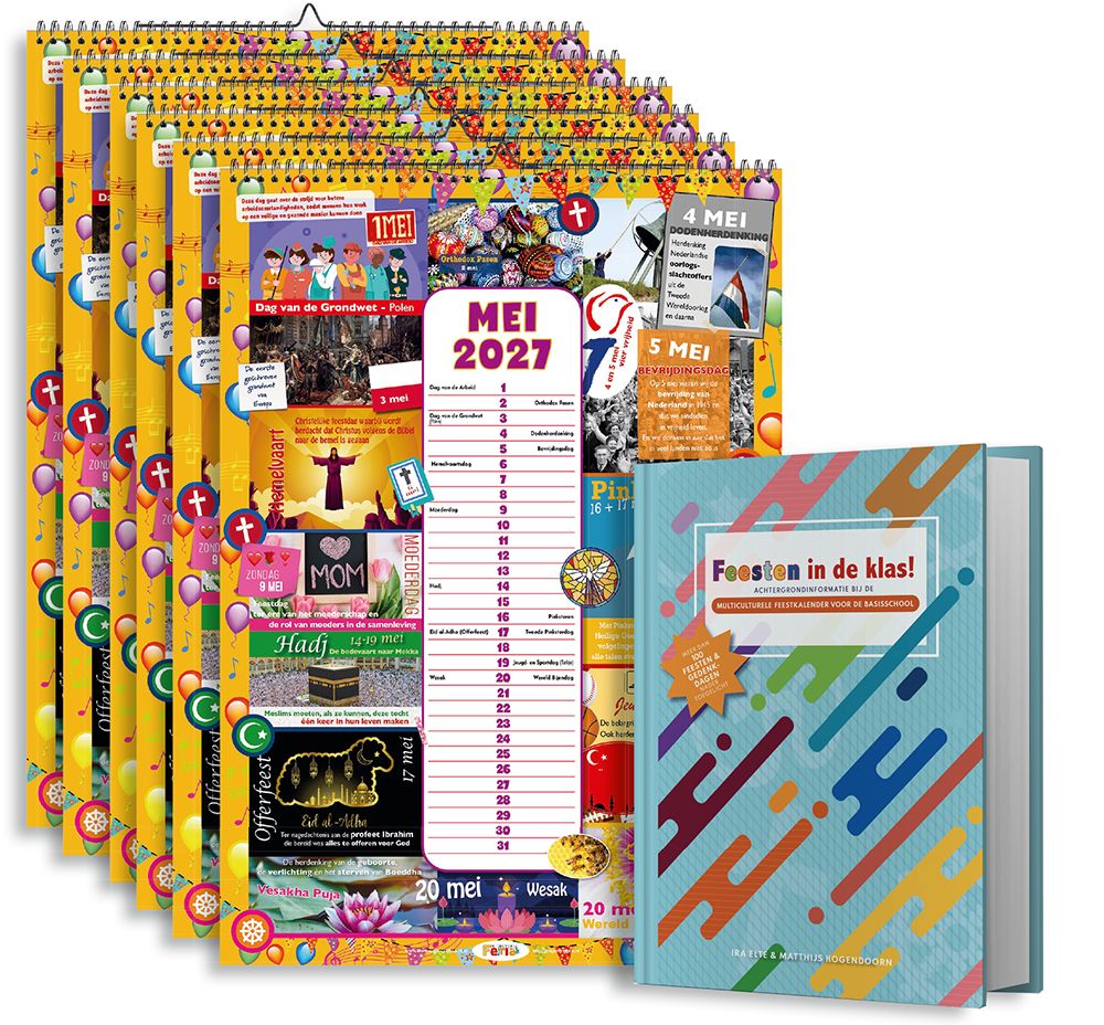 6 x Multiculturele Feestkalender '26/'27 (A2 formaat) en 1 x boek Feesten in de Klas!