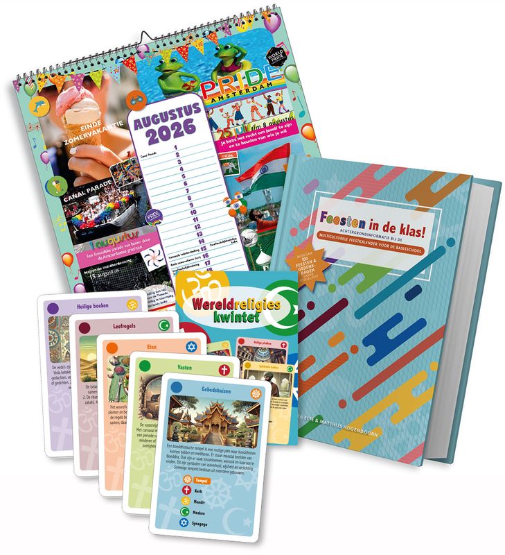 Pakket 1 x Multiculturele feestkalender '26/'27 (A2 formaat), 1 x boek + 1 x kwintet