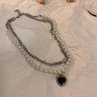 Vintage Necklace Double Layer Black Heart Choker Pearls Beaded Necklace