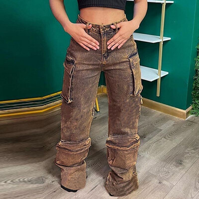 Vintage Women&#39;s Jeans Baggy Pocket Casual Female Pants