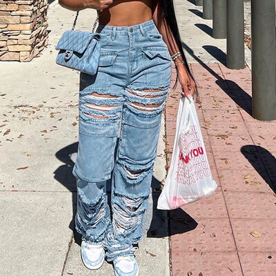 Ripped Wide Leg Baggy Jeans Elastic High Waist Pockets Cargo Pants