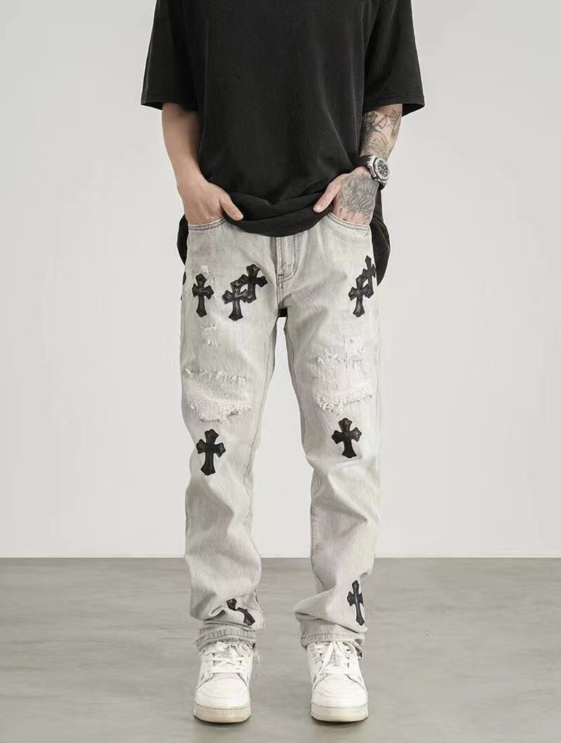 Ripped Retro Hole Cross Embroidery Casual Denim