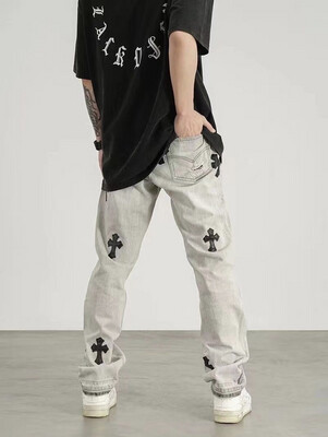 Ripped Retro Hole Cross Embroidery Casual Denim