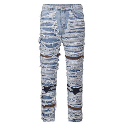 Mens Black Skinny Denim Jeans Heavy Destruction Ripped Biker Jeans