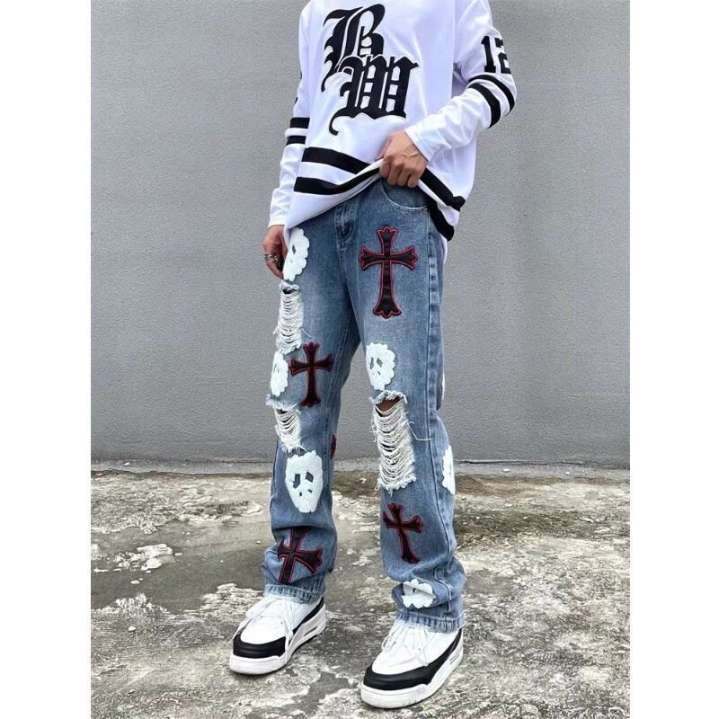 Y2K Retro Cross Men&#39;s Jeans Trendy Denim