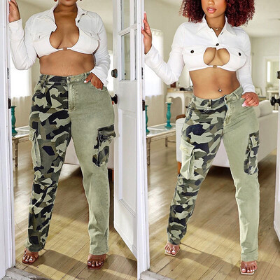 Camouflage High Waisted Jeans Slim Long