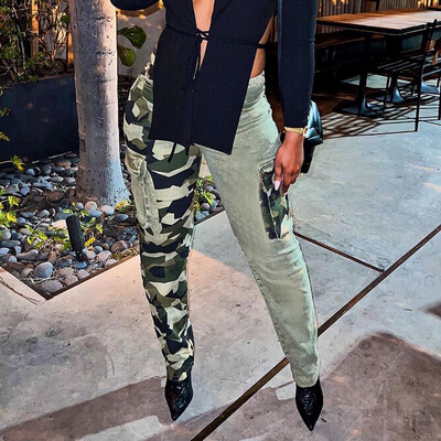 Camouflage High Waisted Jeans Slim Long