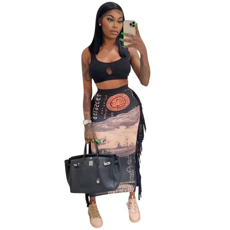 Crop Tank Top &amp; Figure Graphic Fringe Trim Skirt