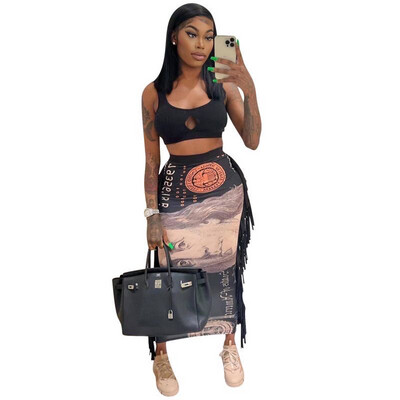 Crop Tank Top &amp; Figure Graphic Fringe Trim Skirt