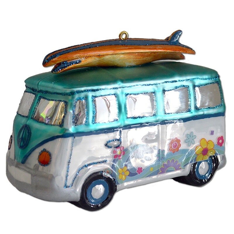 CA Hippie Surf Van Glass Ornament