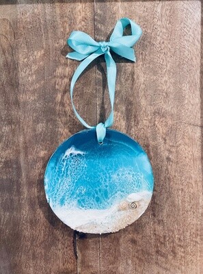 Resin Ornament Round Wood Teal Blue with Shells