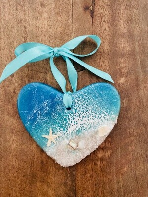 Resin Heart Ornament with Teal Blue/Starfish and shells