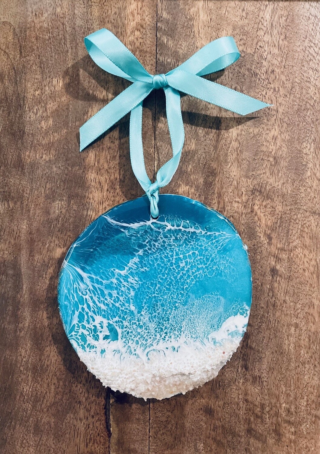 Resin Ornament Round Wood with Teal & Sand