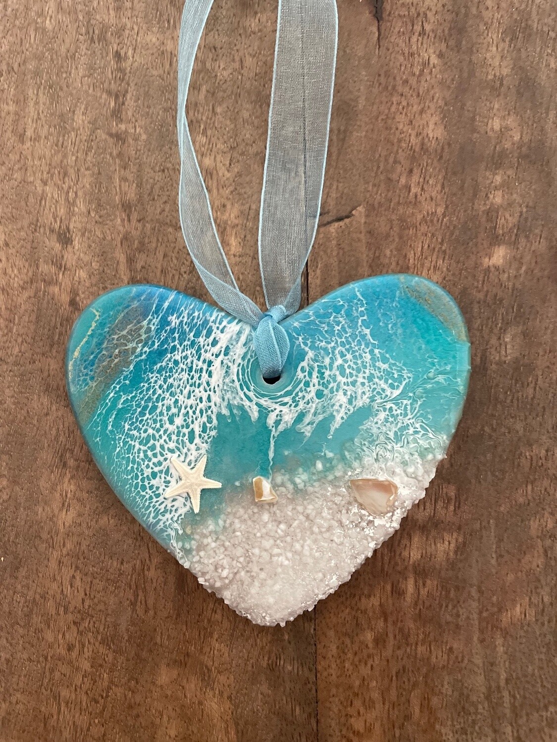 Resin Ornament Heart Light Teal with Shells