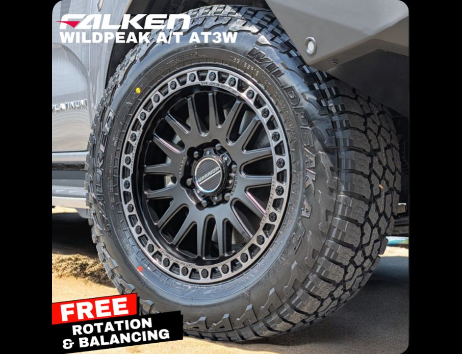 WARRIOR ATLAS SATIN BLACK & DARK TINT LIP WITH FALKEN TYRE PACKAGE Size:18X9.0 PCD:6/139.7 ET38P [1450kg Load Rated]