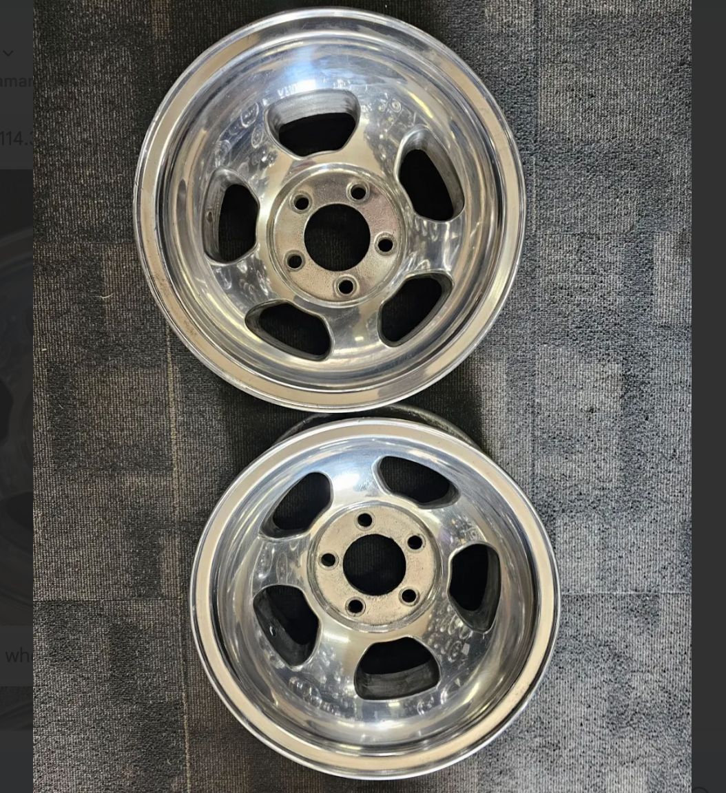 *USED* PAIR OF POLISHED 5 SLOT WHEELS 14x8" PCD: 5x114.3 ET: 18N FORD VALIANT