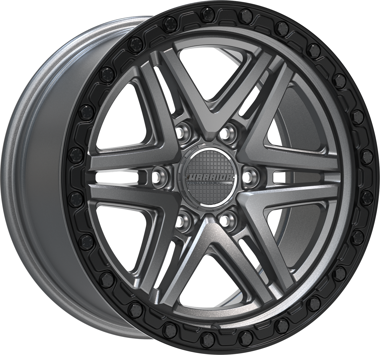 WARRIOR VULCAN SATIN GUNMETAL / SATIN BLACK LIP & BLACK BOLTS - Size:17X8.5 PCD:6/139.7 ET:18P CB: 106.1 [1250kg Load Rated]