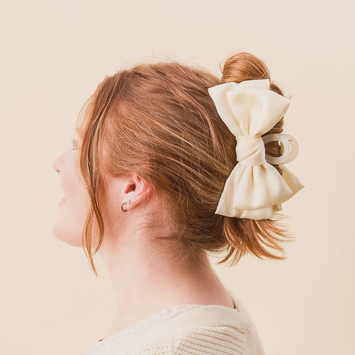 Satin Bow Claw Clip, Color: Beige