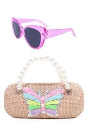Butterfly Straw Pearl Handle Sunglasses &amp; Case