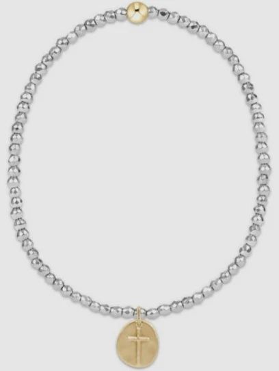 Hematite Signature Bead Bracelet, 2mm Inspire Small Gold Charm, Color: Silver Faceted Hematite