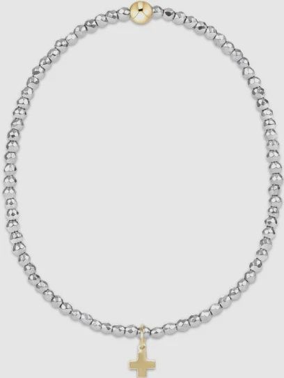 Hematite Signature Bead Bracelet, 2mm Cross Gold Charm, Color: Silver Faceted Hematite