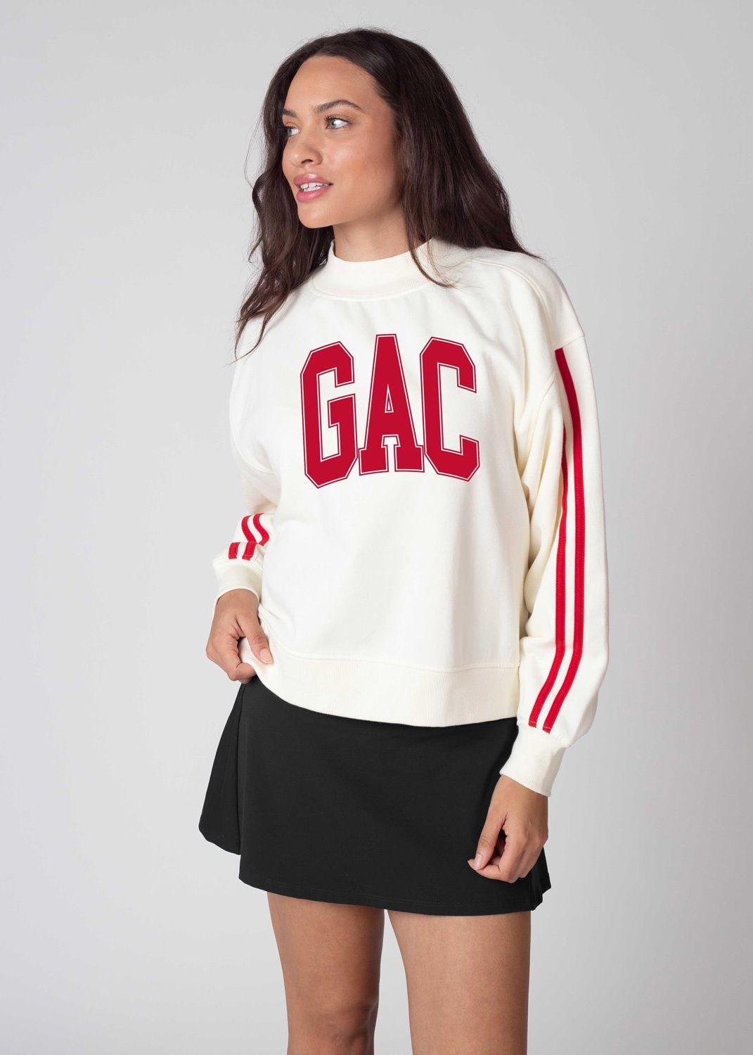 Varsity Mock Neck Crew 25, Color: Cream with Red, Size: AS