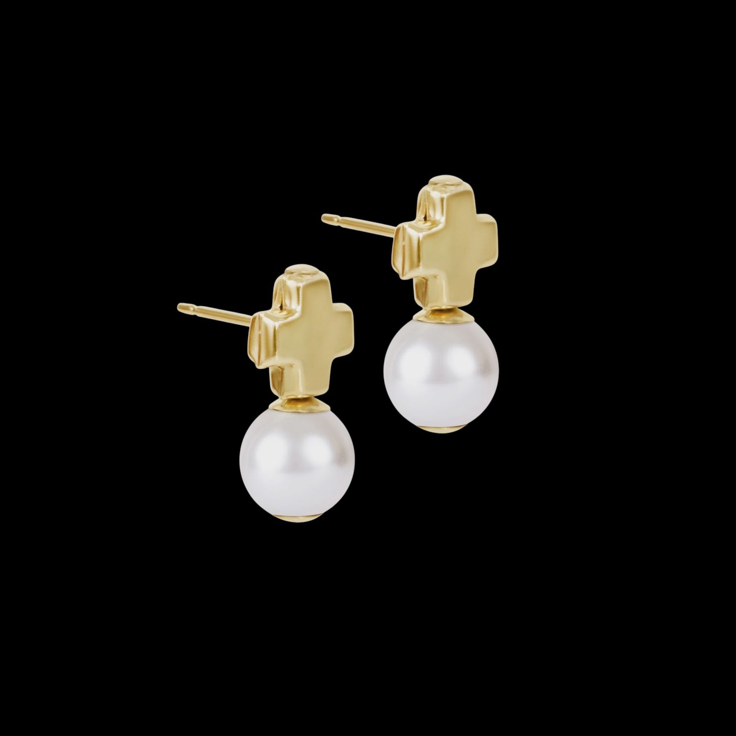 Gold Signature Cross Small  Stud - Classic Pearl