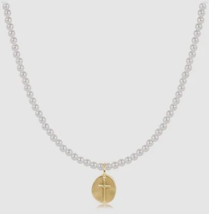 Gold 17" Beaded Choker Classic Pearl 3mm, Inspire Gold Disc, Small