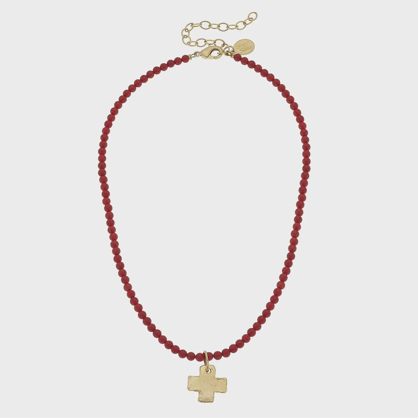 Gold Cross on Red Coral Beaded Necklace