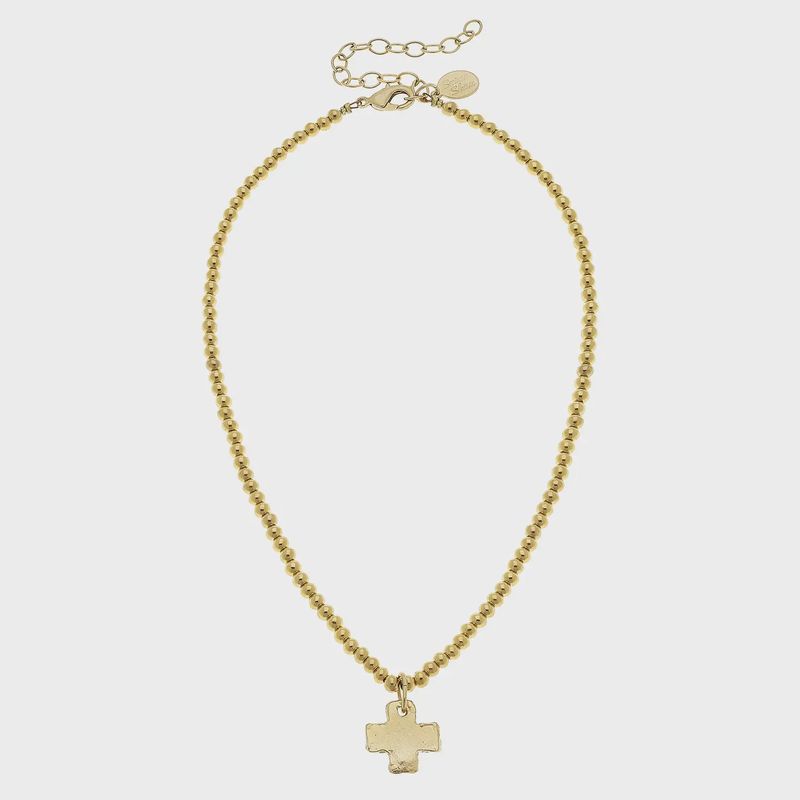 Gold Cross on Gold Beaded Necklace