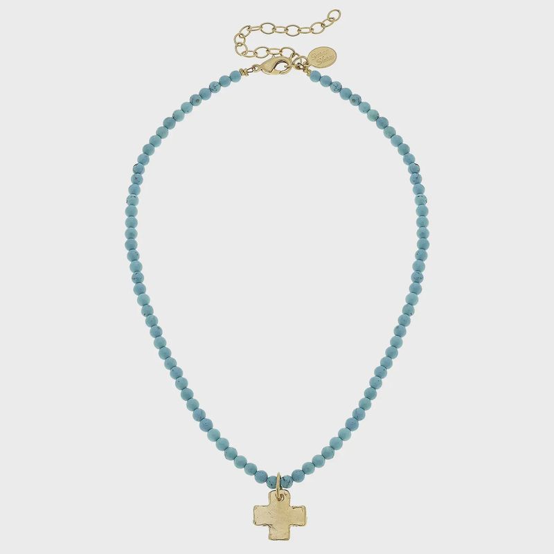 Gold Cross on Turquoise Beaded Necklace