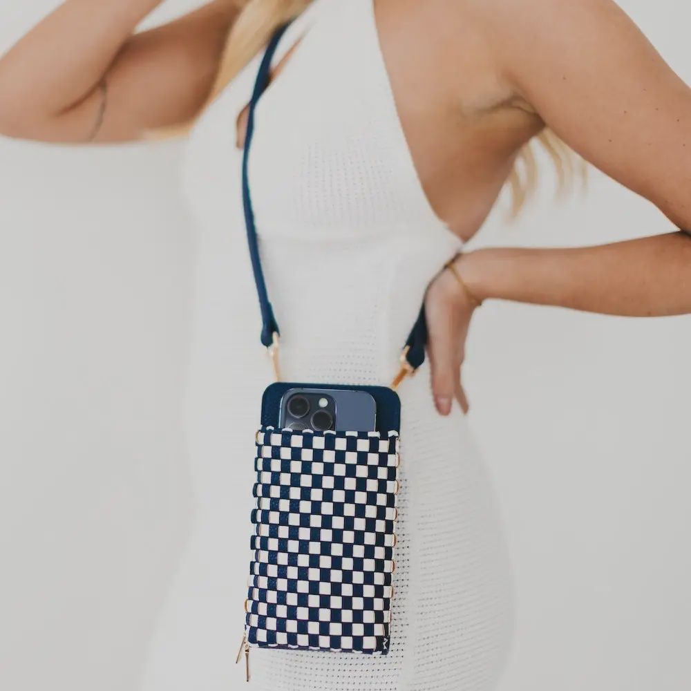 Double Duty Woven PU Leather Phone Bag, Color: Navy Checkered