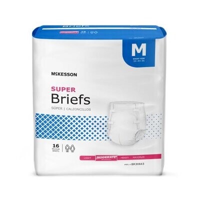 BriefsMcKesson Brand Adult (Moderate). 1 Case of 96 briefs equals 6 bags with 16 briefs in each bag. (M) Waist: 32&quot; to 44&quot;