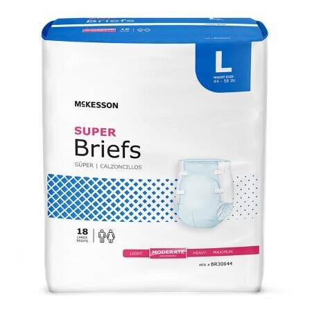 Briefs McKesson Brand Adult (Super). 1 Case of 72 briefs equals 4 bags with 18 briefs in each bag. (L) Waist: 44&quot; to 58&quot;