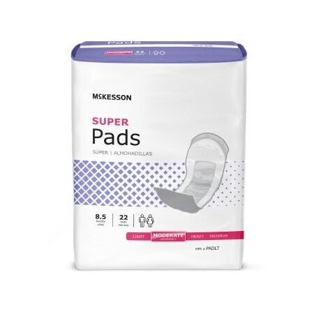 Bladder Control Pads McKesson Brand Adult (Super). 1 Case of 132 pads equals 6 bags with 22 pads in each bag. Size: 8 1/2&quot;