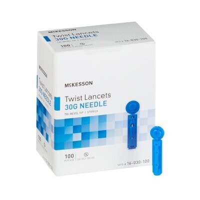 Diabetes McKesson Brand Lancets, 30G (Twist off cap). 1 Case of 5,000 lancets equals 50 boxes with 100 lancets in each box