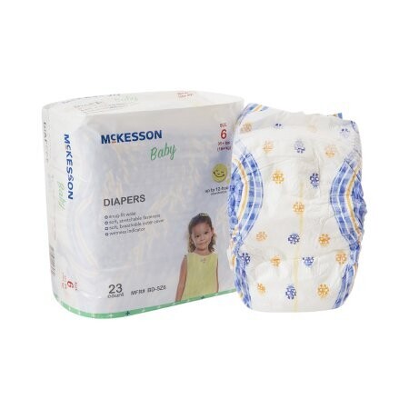 Diaper McKesson Brand Heavy Absorbent. 1 Case of 92 equals 4 bags with 23 diapers in each bag. Size 6 (over 35 lbs)