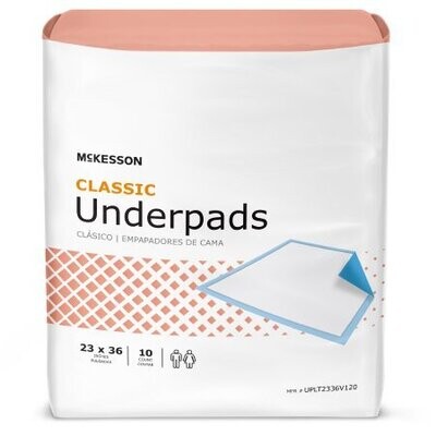 UnderPads/chux McKesson Brand Adult (Classic). 60 pads equal 6 bags with 10 pads in each bag. Size: 23&quot; x 36&quot;