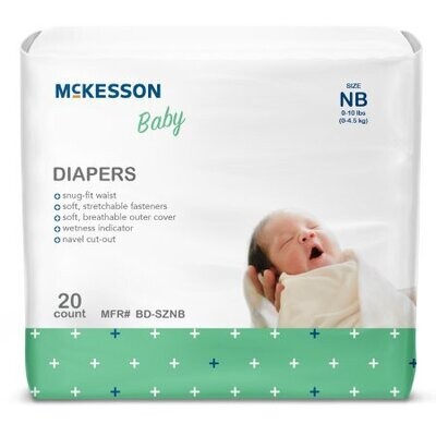 Diaper McKesson Brand Heavy Absorbent. 1 case of 120 diapers equals 6 bags with 20 diapers in each bag. Newborn