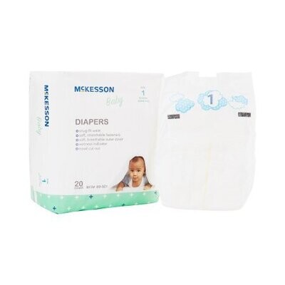Diaper McKesson Brand Heavy Absorbent. 1 case of 120 equals 6 bags with 20 diapers in each bag. Size 1