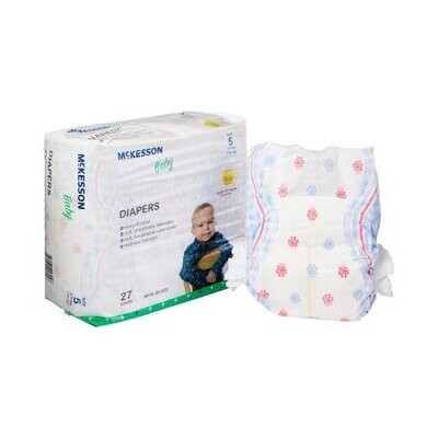 Diaper McKesson Brand Heavy Absorbent. 1 case of 108 equals 4 bags with 27 diapers in each bag. Size 5