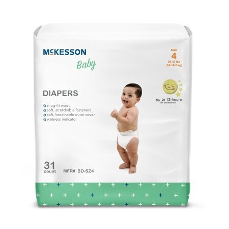 Diaper McKesson Brand Heavy Absorbent. 1 case of 124 diapers equals 4 bags with 31 diapers in each bag. Size 4