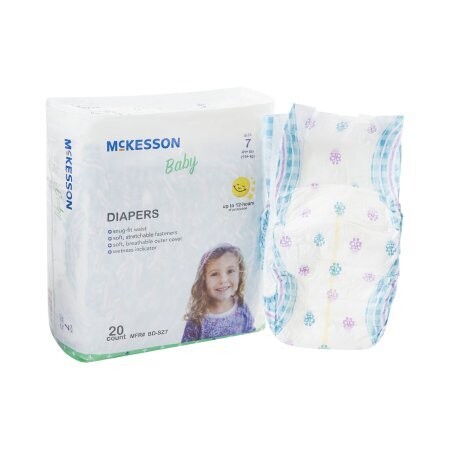 Diaper McKesson Brand Heavy Absorbent. 1 case of 80 equals 4 bags with 20 diapers in each bag. Size 7