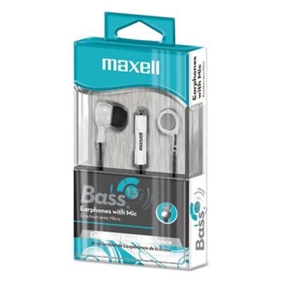Earbuds w/Microphone Maxell B-13, 52&quot; Cord White. In-ear bud with mic to take/make calls
