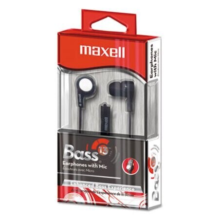 Earbuds w/Microphone Maxell B-13, 52&quot; Cord Black. In-ear bud with mic to take/make calls.